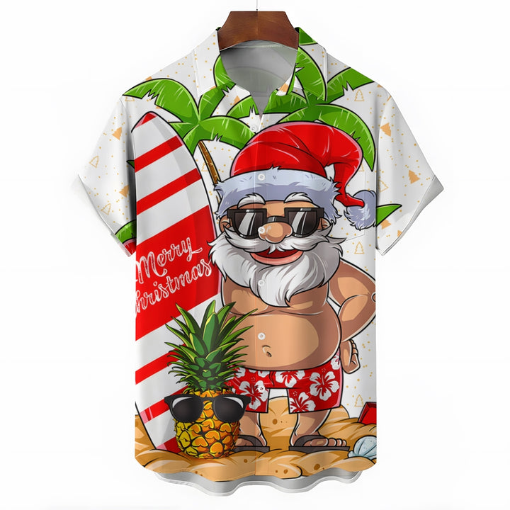 Santa's Beach Vacation Casual Print Chest Pocket Short Sleeve Shirt 2308100131