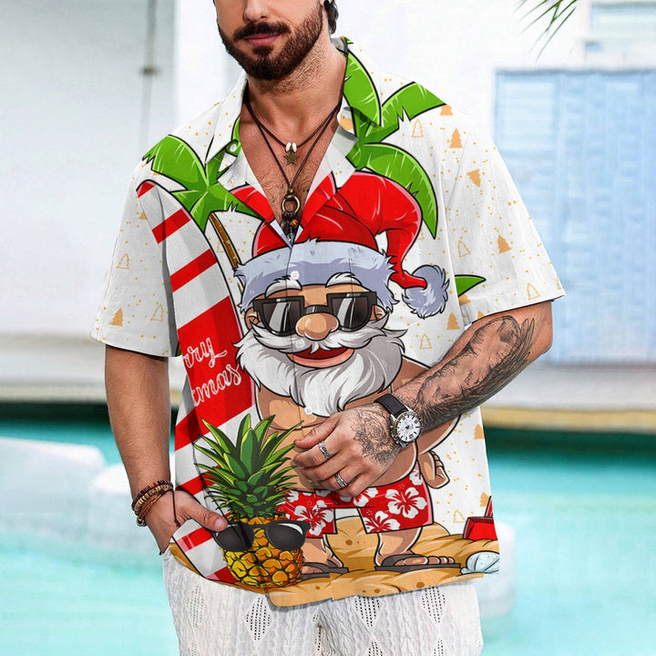 Santa's Beach Vacation Casual Print Chest Pocket Short Sleeve Shirt 2308100131