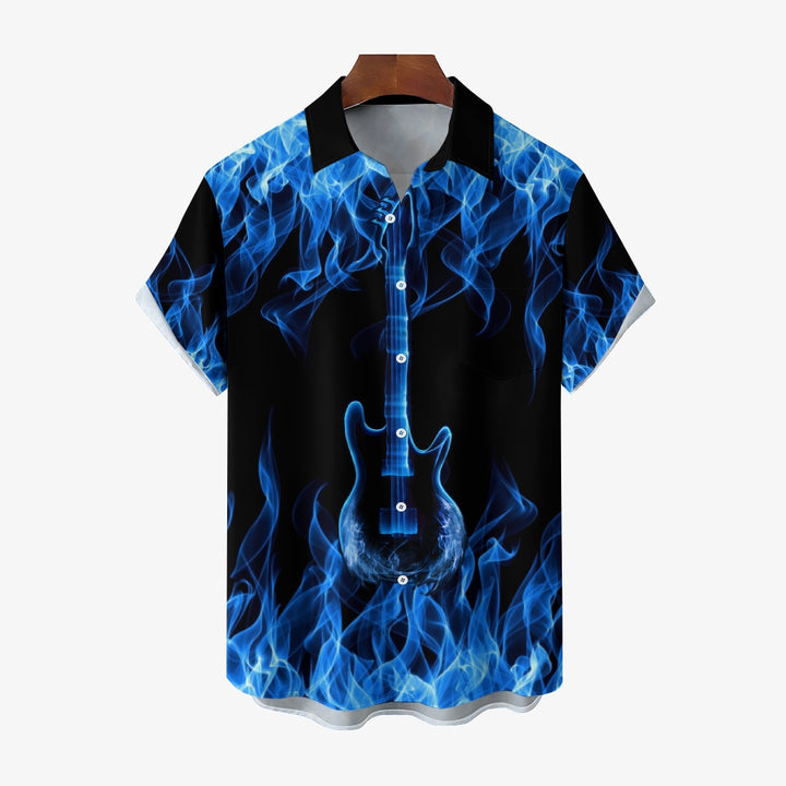 Men's blue flame guitar print short-sleeved shirt 2408003686