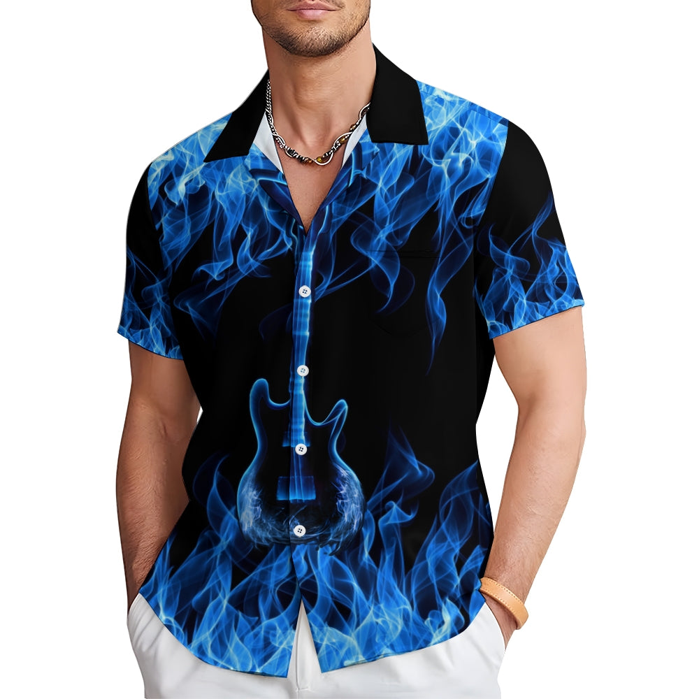 Men's blue flame guitar print short-sleeved shirt 2408003686