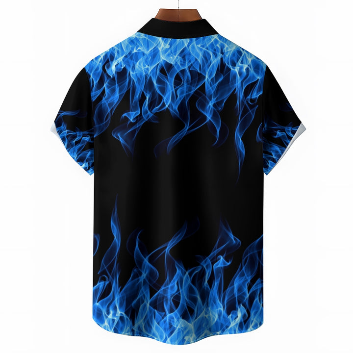 Men's blue flame guitar print short-sleeved shirt 2408003686