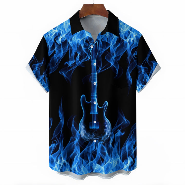 Men's blue flame guitar print short-sleeved shirt 2408003686