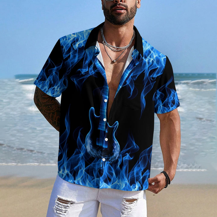 Men's blue flame guitar print short-sleeved shirt 2408003686