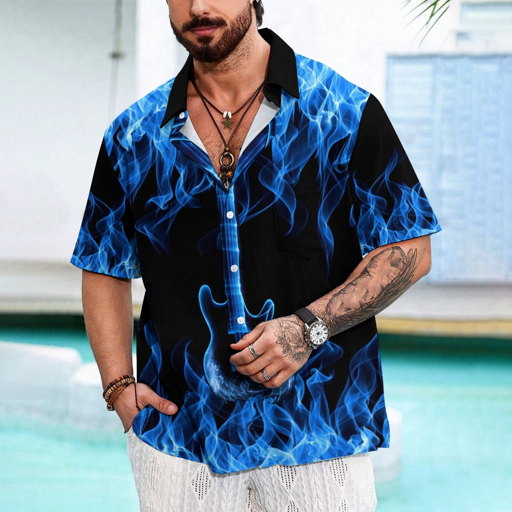 Men's blue flame guitar print short-sleeved shirt 2408003686