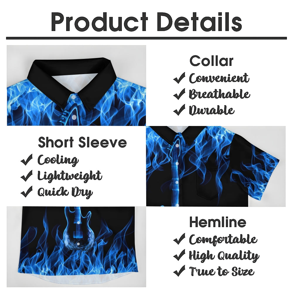 Men's blue flame guitar print short-sleeved shirt 2408003686