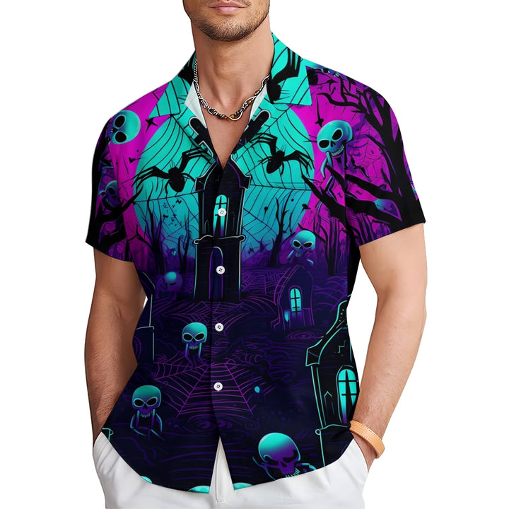 Halloween Castle Print Casual Large Size Short Sleeve Shirt 2408003704