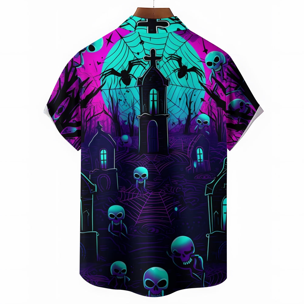 Halloween Castle Print Casual Large Size Short Sleeve Shirt 2408003704