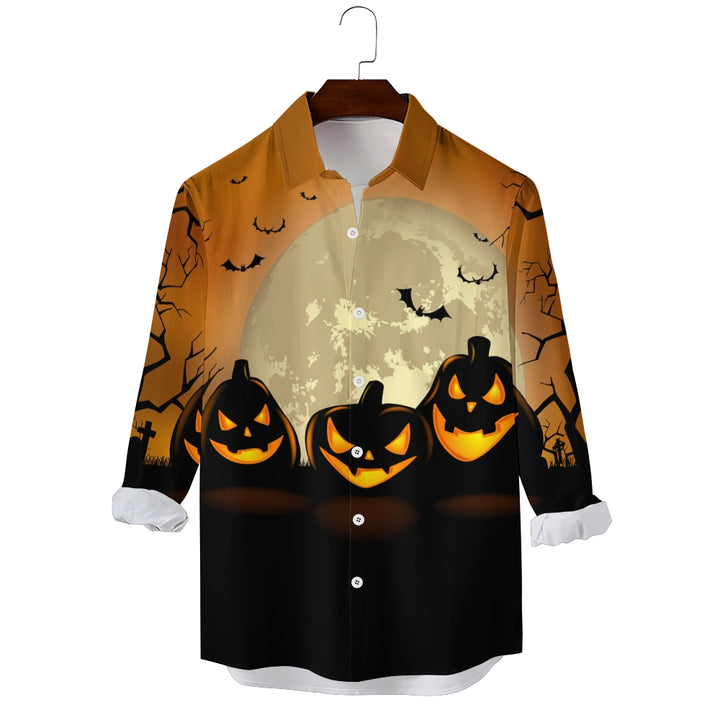 Men's Halloween Pumpkin Full Body Print Trendy Long Sleeve Shirt 2408003719