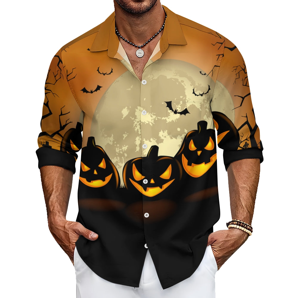 Men's Halloween Pumpkin Full Body Print Trendy Long Sleeve Shirt 2408003719