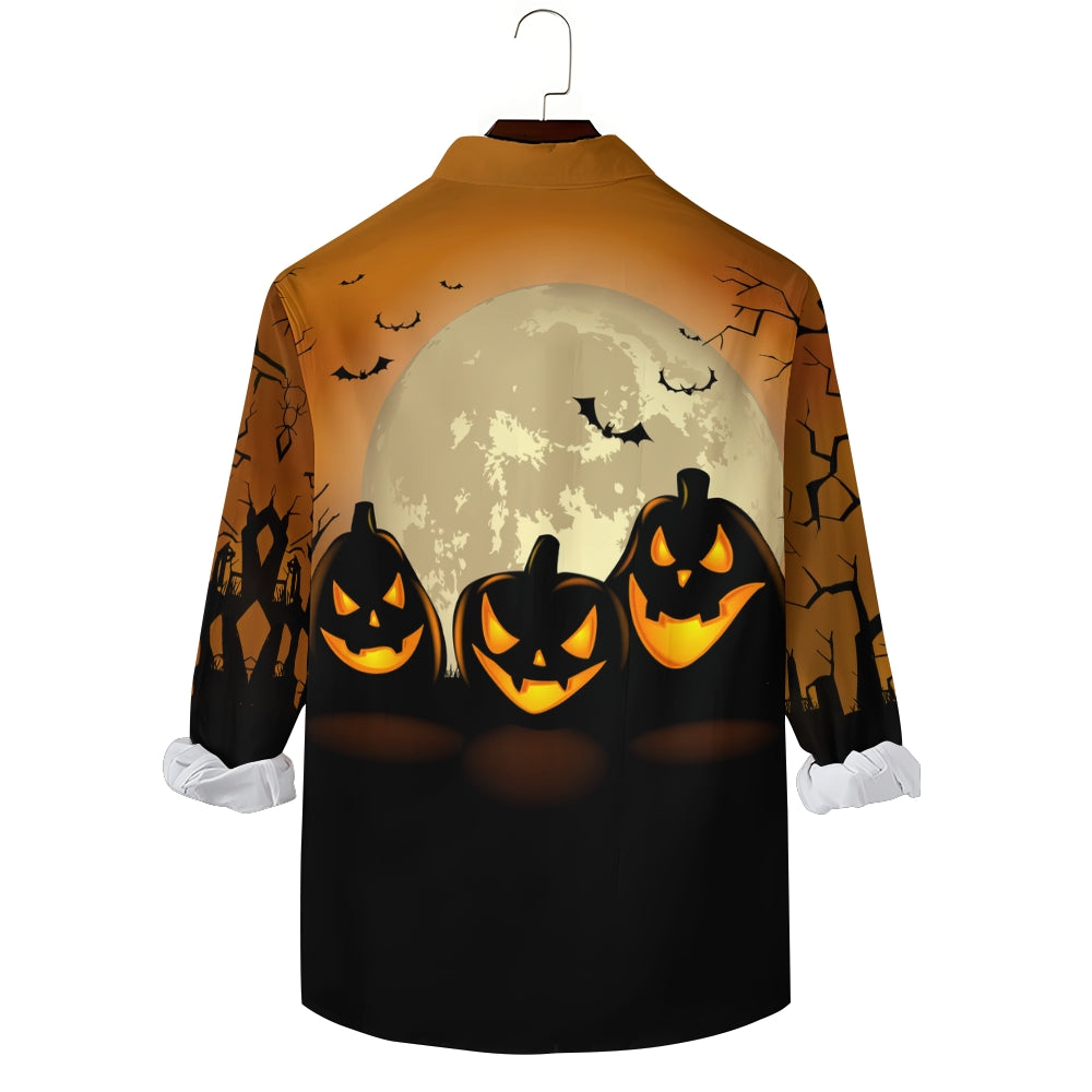 Men's Halloween Pumpkin Full Body Print Trendy Long Sleeve Shirt 2408003719