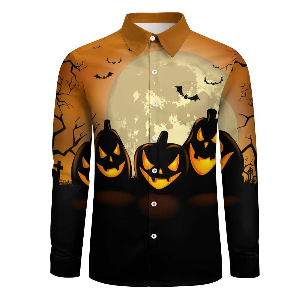 Men's Halloween Pumpkin Full Body Print Trendy Long Sleeve Shirt 2408003719