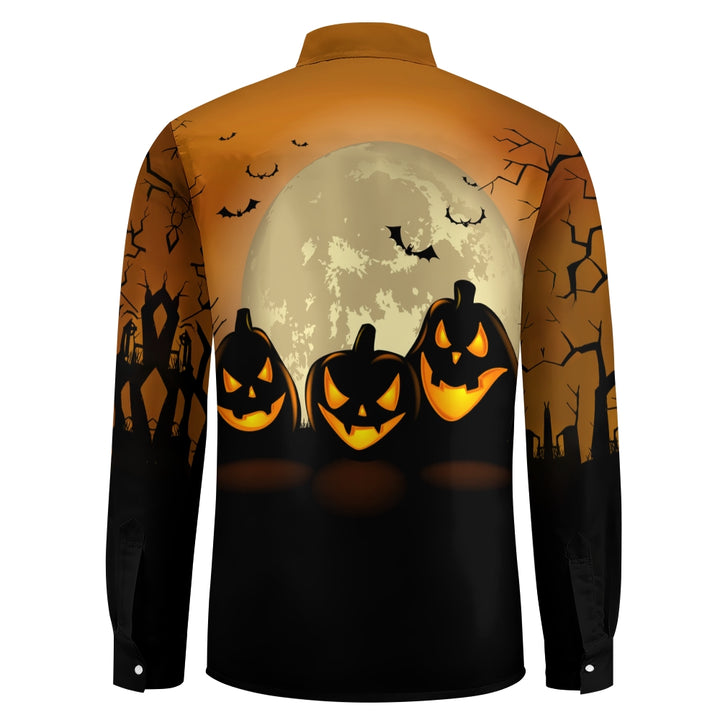 Men's Halloween Pumpkin Full Body Print Trendy Long Sleeve Shirt 2408003719