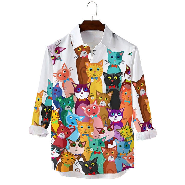 Men's Casual Colorful Cats Printed Long Sleeve Shirt 2312000343