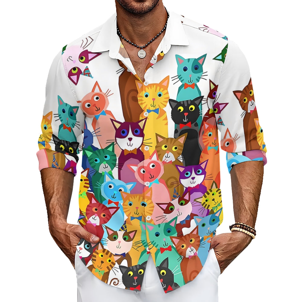 Men's Casual Colorful Cats Printed Long Sleeve Shirt 2312000343