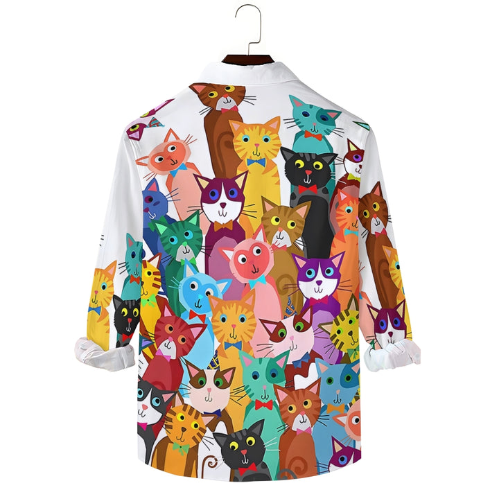 Men's Casual Colorful Cats Printed Long Sleeve Shirt 2312000343