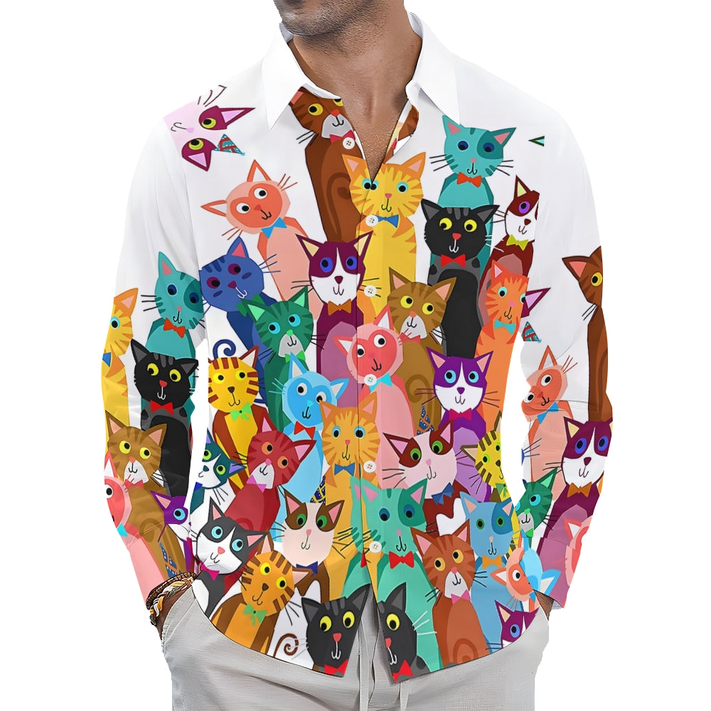 Men's Casual Colorful Cats Printed Long Sleeve Shirt 2312000343