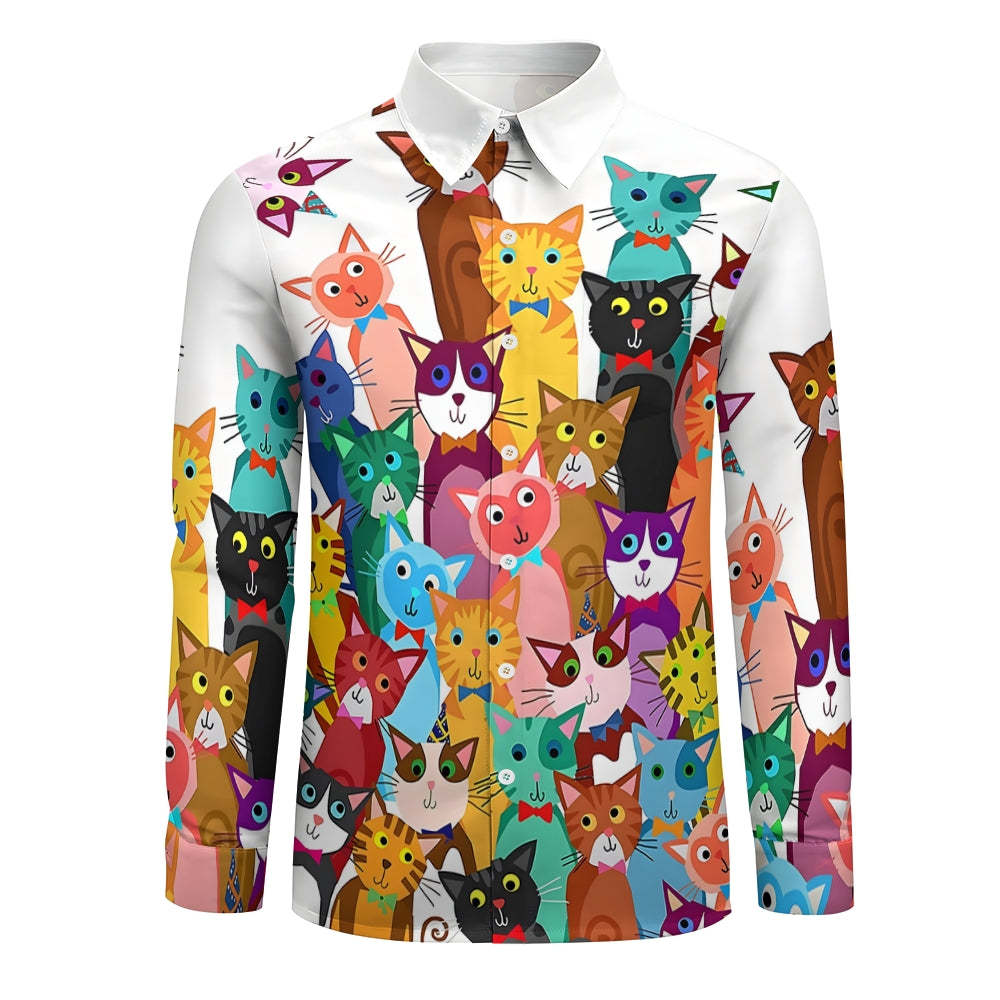 Men's Casual Colorful Cats Printed Long Sleeve Shirt 2312000343