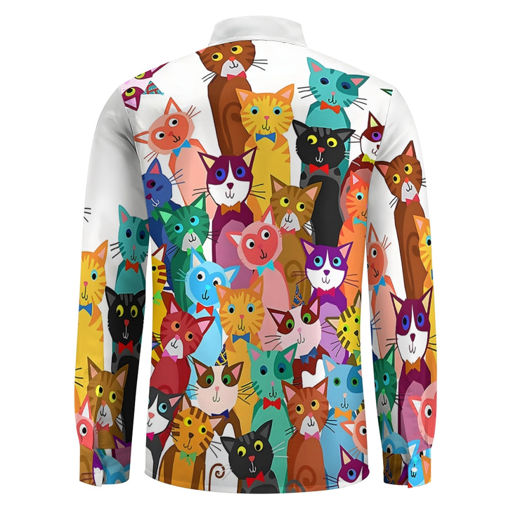 Men's Casual Colorful Cats Printed Long Sleeve Shirt 2312000343