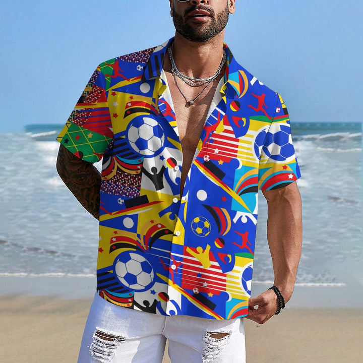 Color Block Football Graffiti Print Bamboo Linen Short Sleeve Shirt 2408003849