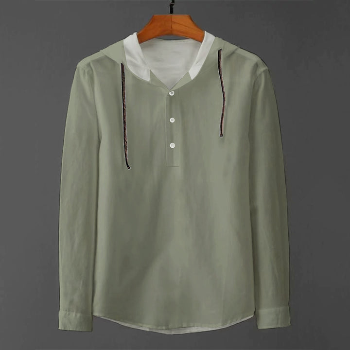 Men Solid Color Autumn Long Sleeve Hooded Cotton Linen Shirts 2407005269