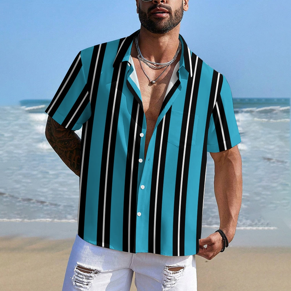 Men's Stripes Lapel Casual Short Sleeve Shirt 2408004162