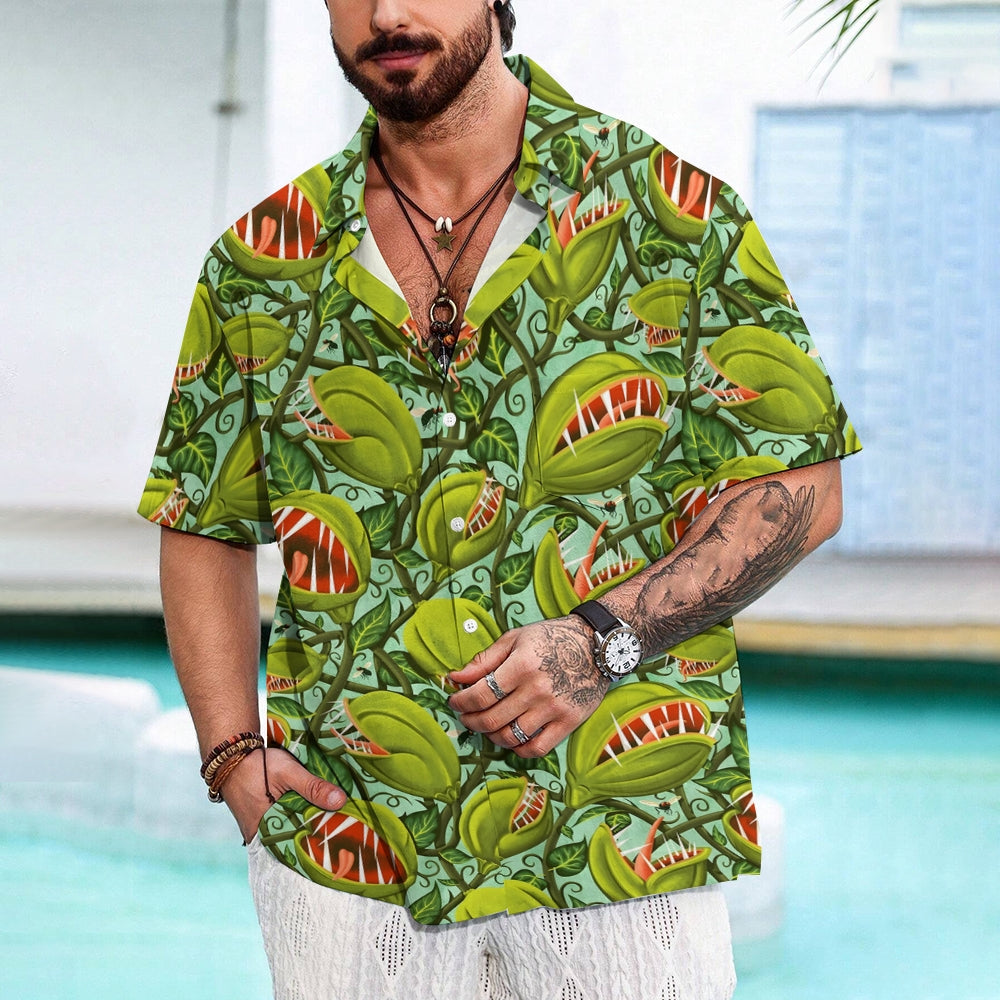 Men's Flytrap Print Casual Fashion Chest Pocket Short Sleeve Shirt 2307101586