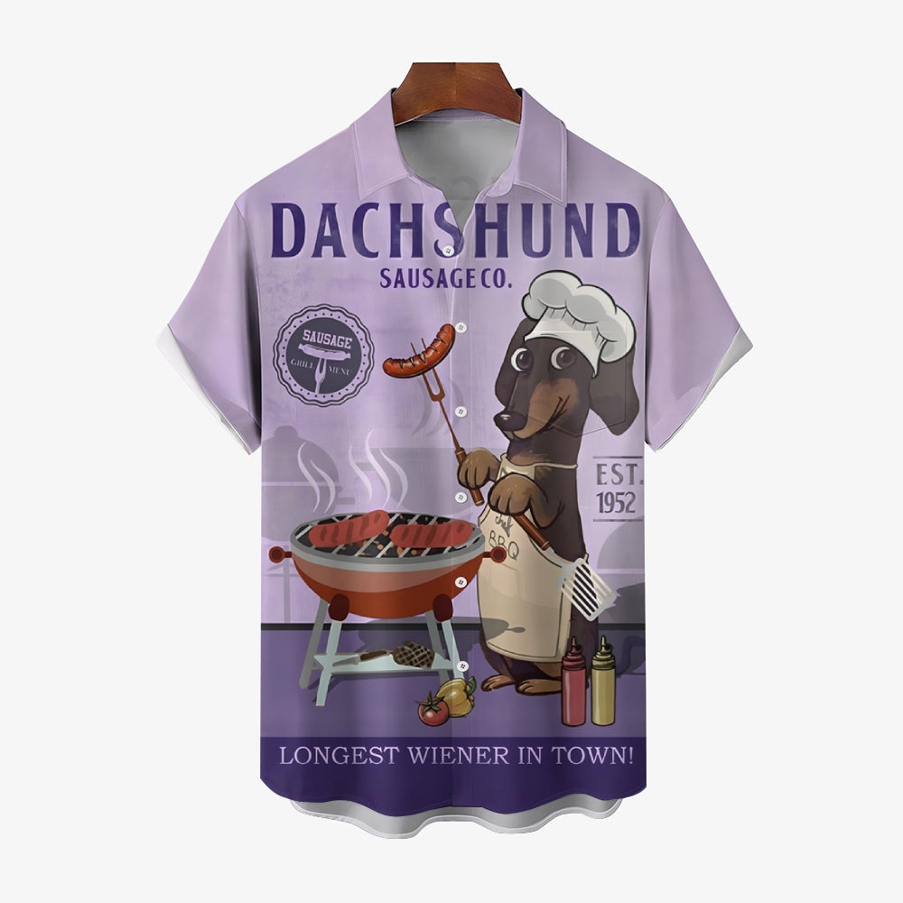 Dachshund BBQ Cartoon Casual Large Size Short Sleeve Shirt