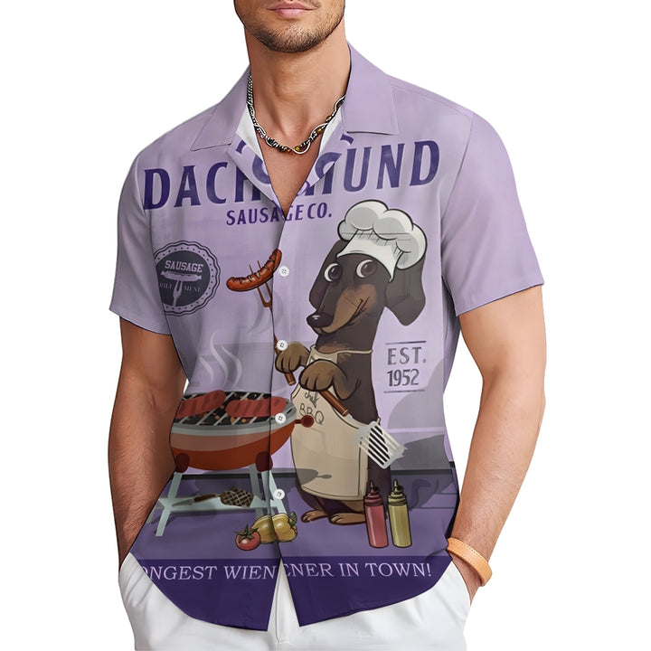 Dachshund BBQ Cartoon Casual Large Size Short Sleeve Shirt