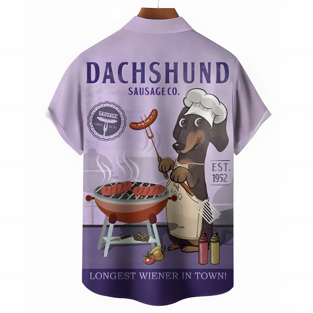 Dachshund BBQ Cartoon Casual Large Size Short Sleeve Shirt