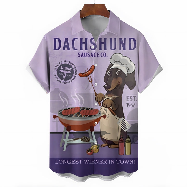 Dachshund BBQ Cartoon Casual Large Size Short Sleeve Shirt