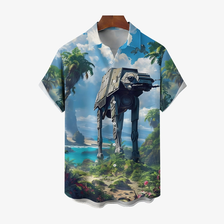 Retro Painting Of Sci-Fi Space Armed Walkers And Wildflowers Printing Shirt 2408005232