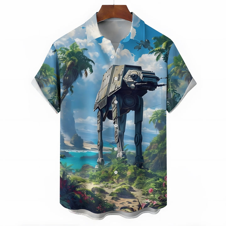 Retro Painting Of Sci-Fi Space Armed Walkers And Wildflowers Printing Shirt 2408005232