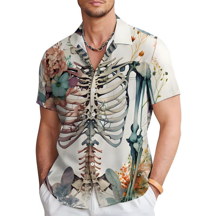 Skull Floral Pocket Casual Hawaiian Printed Short Sleeve Shirt 2408005245