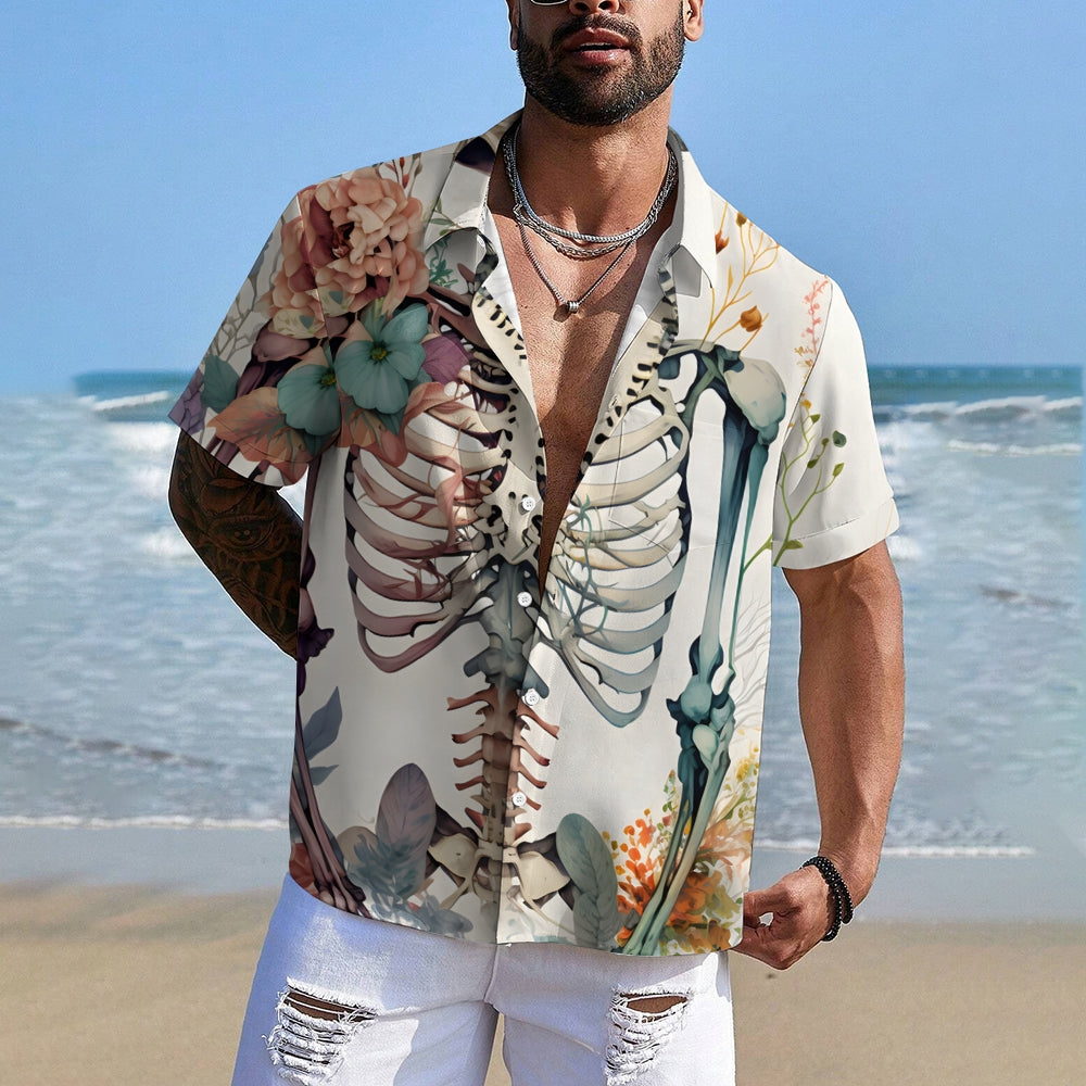 Skull Floral Pocket Casual Hawaiian Printed Short Sleeve Shirt 2408005245