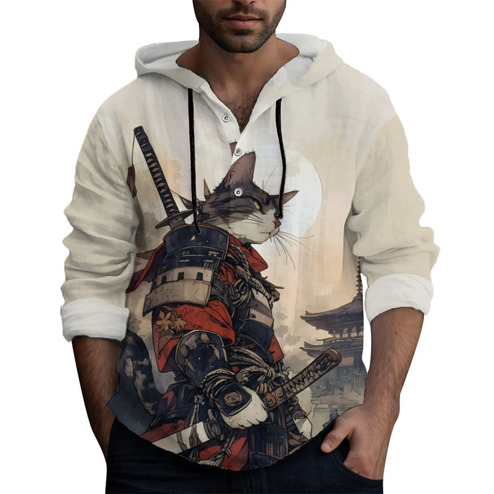 Men's Cat Warrior Guard With Knife Art Print Hooded Shirt 2408005287