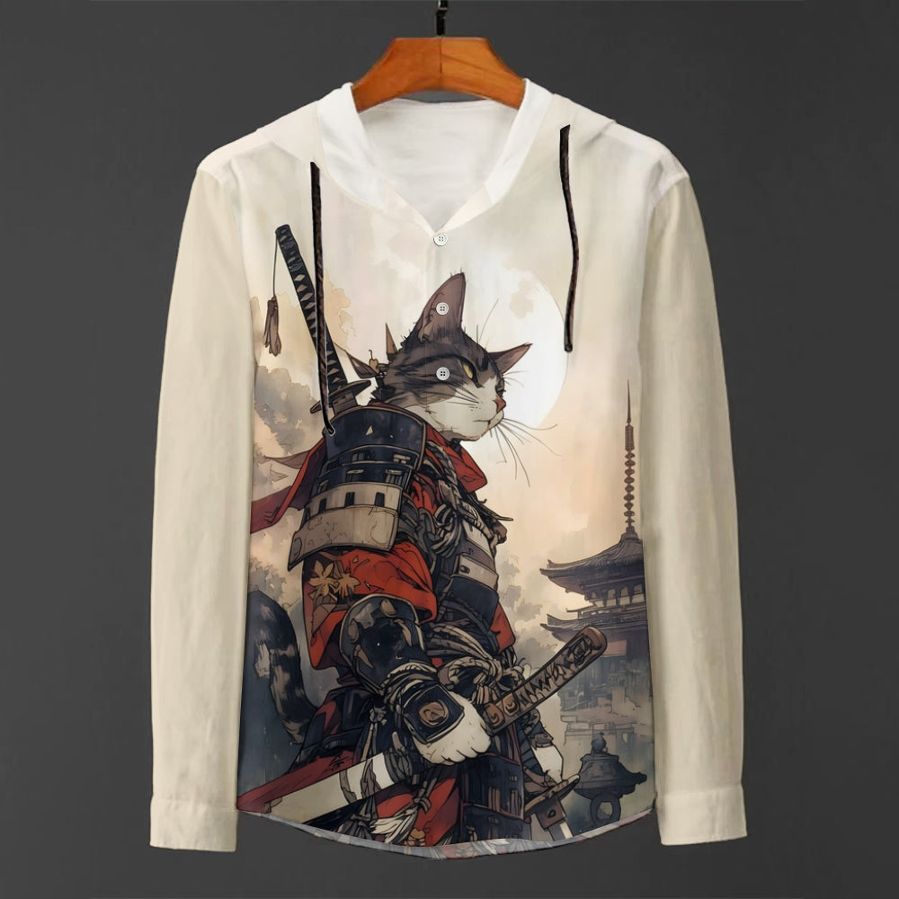 Men's Cat Warrior Guard With Knife Art Print Hooded Shirt 2408005287