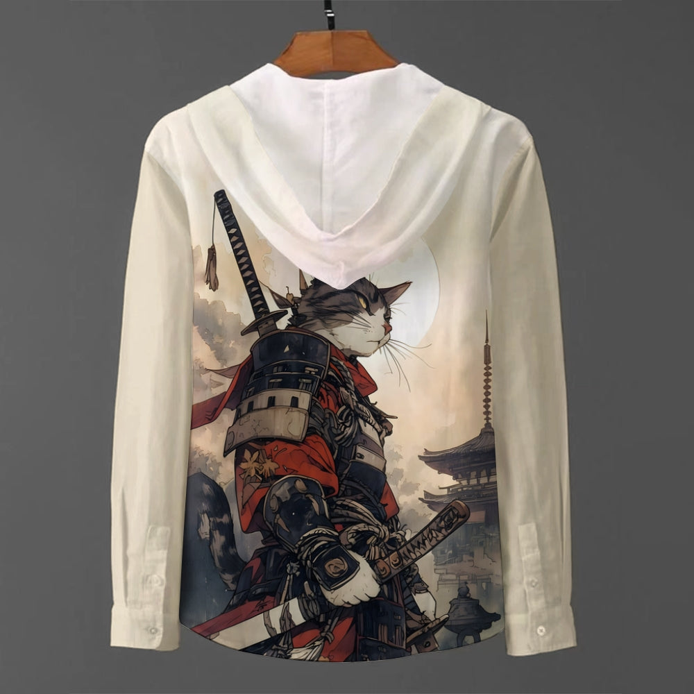 Men's Cat Warrior Guard With Knife Art Print Hooded Shirt 2408005287