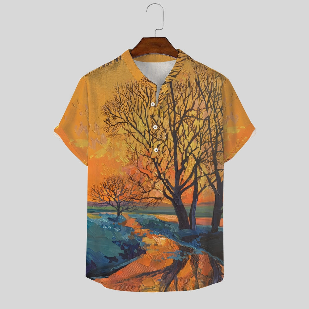 Men's Oil Painting Art Linen Blend Henley Shirt 2408005683