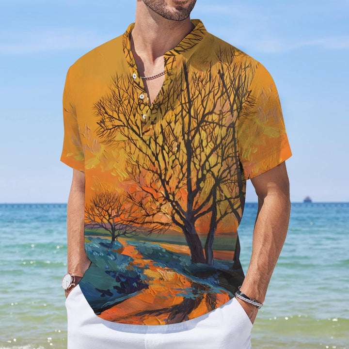 Men's Oil Painting Art Linen Blend Henley Shirt 2408005683