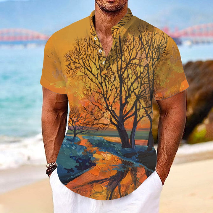 Men's Oil Painting Art Linen Blend Henley Shirt 2408005683