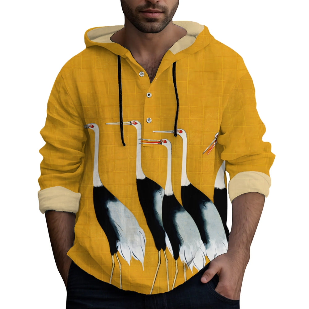 Yellow Crane Art Print Linen Hooded Long Sleeve Shirt 2408005729