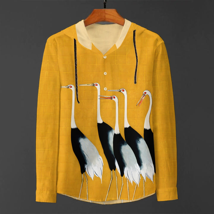 Yellow Crane Art Print Linen Hooded Long Sleeve Shirt 2408005729