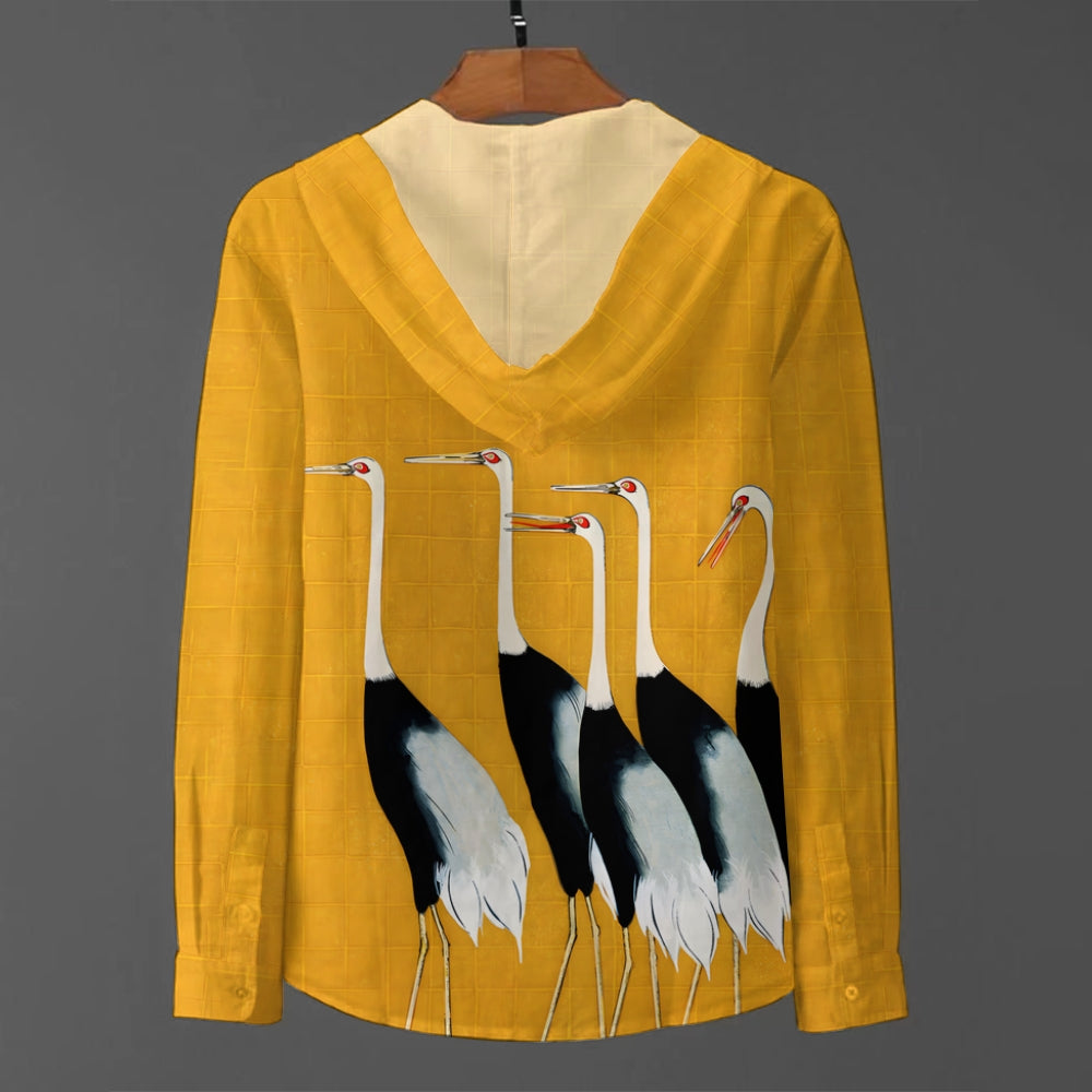 Yellow Crane Art Print Linen Hooded Long Sleeve Shirt 2408005729