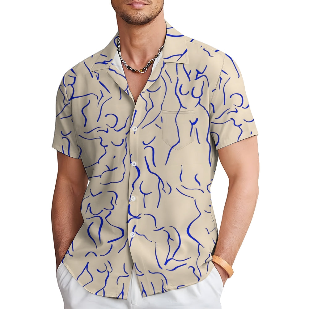 Art Abstract Line Drawing Large Size Cotton And Linen Short-Sleeved Shirt 2408005748