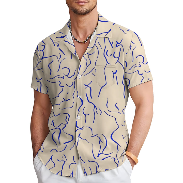 Art Abstract Line Drawing Large Size Cotton And Linen Short-Sleeved Shirt 2408005748