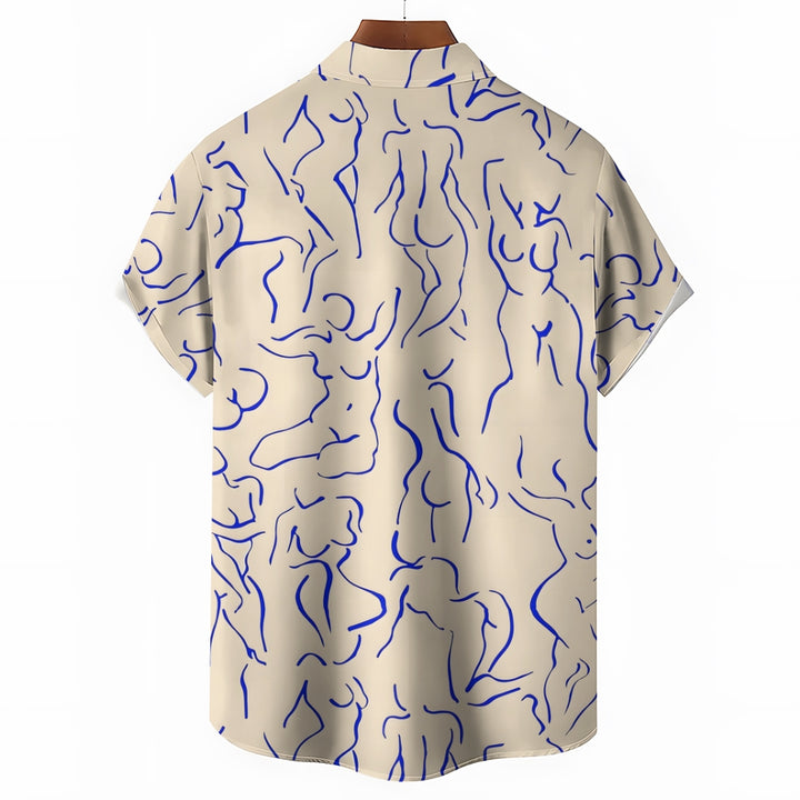 Art Abstract Line Drawing Large Size Cotton And Linen Short-Sleeved Shirt 2408005748