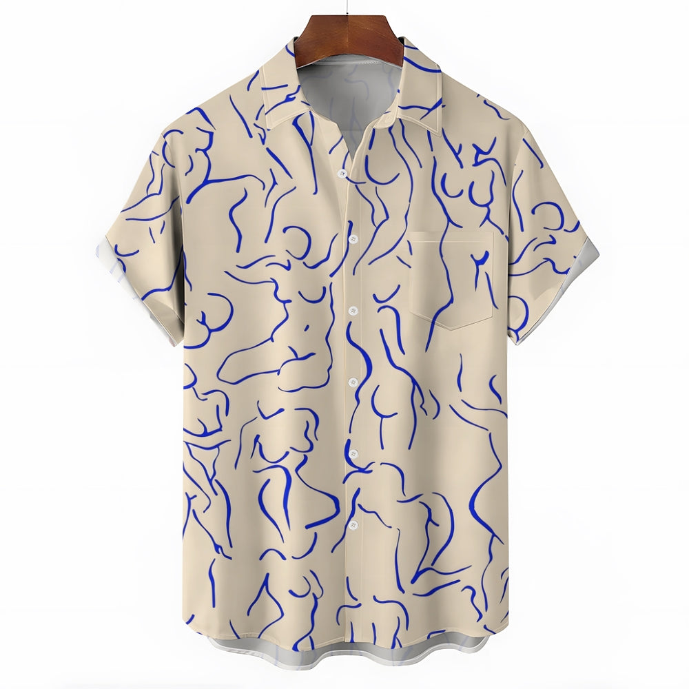 Art Abstract Line Drawing Large Size Cotton And Linen Short-Sleeved Shirt 2408005748