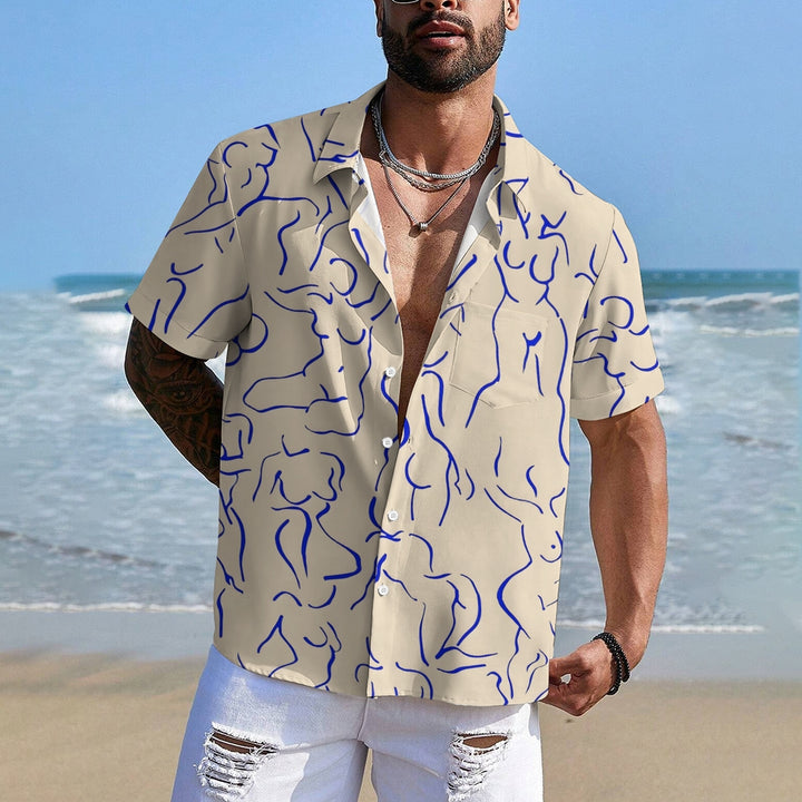 Art Abstract Line Drawing Large Size Cotton And Linen Short-Sleeved Shirt 2408005748