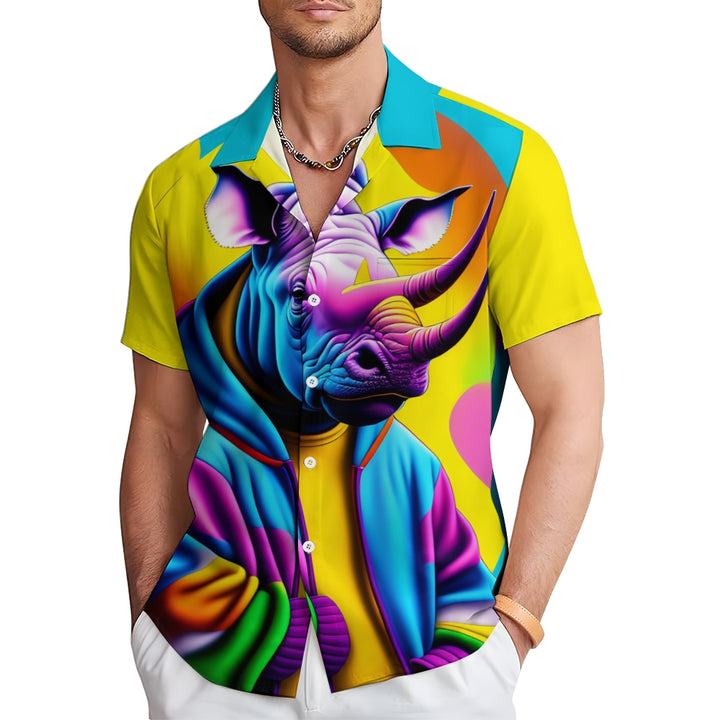 Men's Fashion Rhino Animal Short Sleeve Hawaiian Shirt 2306101370