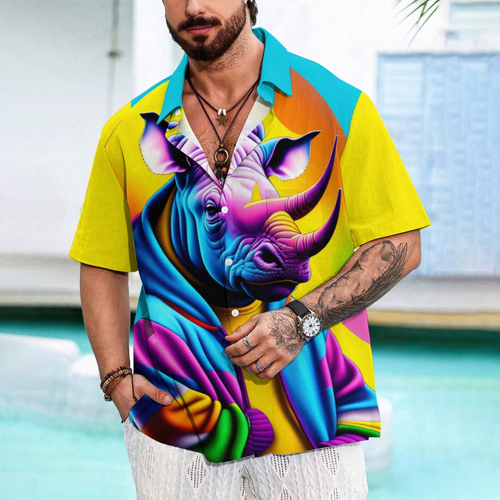 Men's Fashion Rhino Animal Short Sleeve Hawaiian Shirt 2306101370